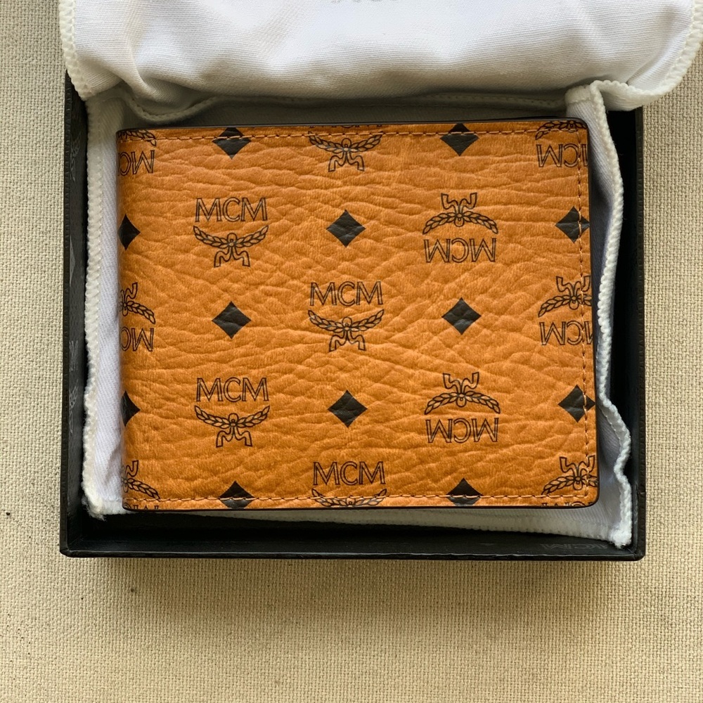 MCM Cognac Visetos & Royal Blue Bifold Wallet